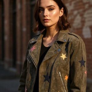One of a kind Upcycled Olive Green Star-Patterned Bomber Jacket #patchwork